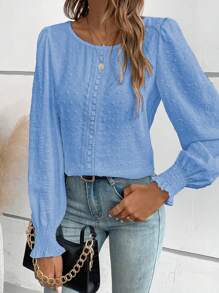 EMERY ROSE Blusa elegante de manga larga con contraste de encaje de unicolor para mujer, primavera/otoño