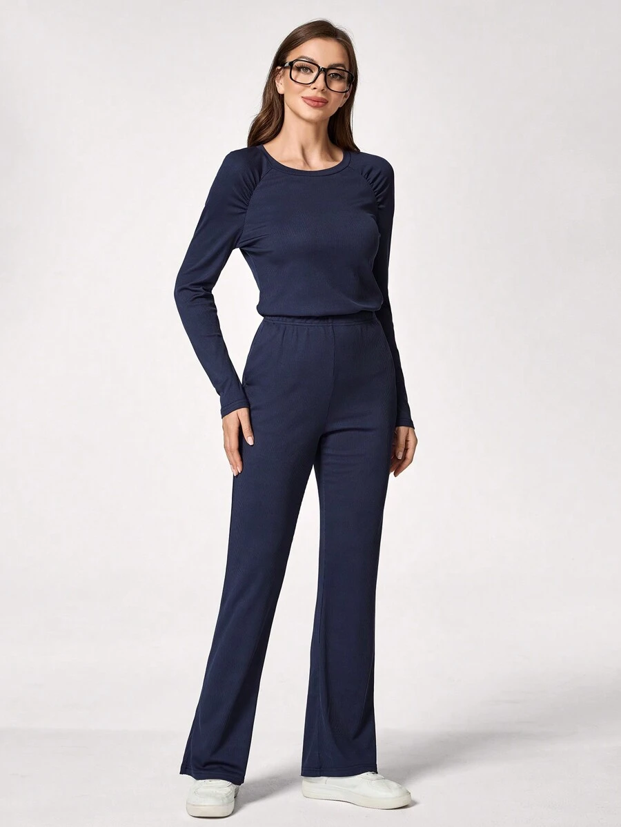 TaskEZ Set Scrub Uniforms - Simple Round Neck Long Sleeve Top And Pants - Navy Blue - View 1