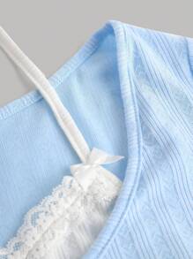 SHEIN Girlism Teen Girl Kawaii Ballet Bow & Lace Trim Blue & White Long Sleeve 2-In-1 T-Shirt - Blue and White - View 3