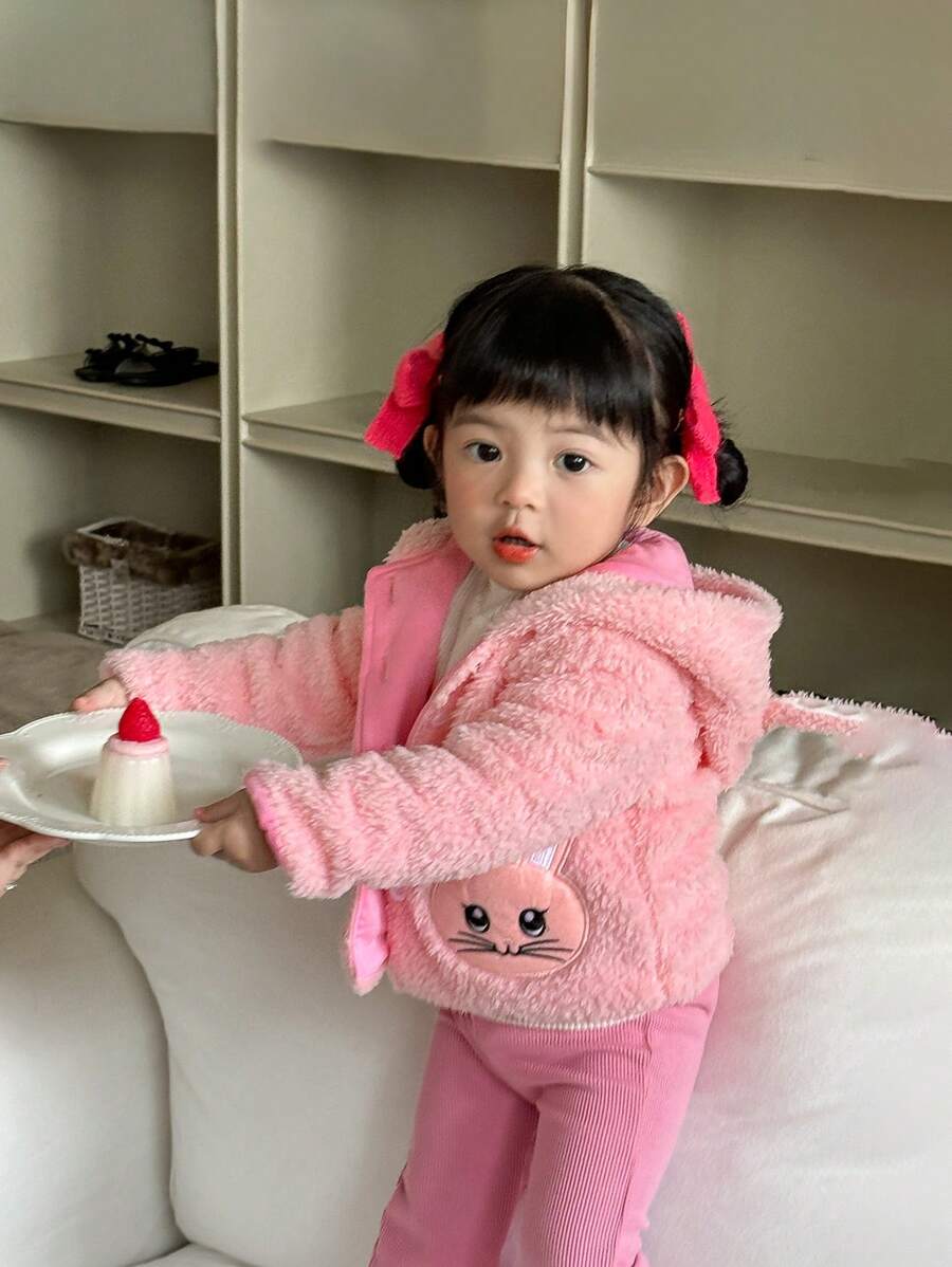 SHEIN Infant Girls' Cute Animal Embroidered Jacket - Pink - View 1