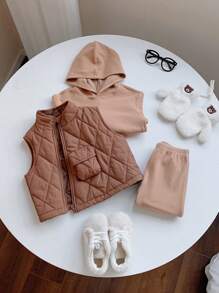 SHEIN Bộ 3 món áo nỉ ấm áp dễ thương đa năng cho bé trai và bé gái, áo hoodie, áo nỉ và quần dài, phù hợp cho hoạt động ngoài trời mùa thu/đông và trượt tuyết - Nhiều màu - Xem 4