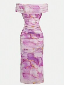 SHEIN Girlism 少女网眼褶皱开衩露肩长款休闲连衣裙 - 淡紫色 - 查看 3