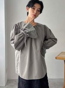 FRIFUL Women Simple Solid Color Block Round Collar Long Sleeve Casual Shirt,Ruffle,Fall Clothes - Grey - View 4