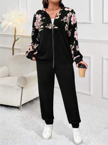 EMERY ROSE Taglia comoda Donna 2 pezzi/Set, giacca con cappuccio con chiusura lampo e stampa floreale a maniche lunghe, pantaloni con polsini elasticizzati, autunno/inverno