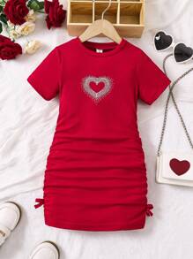 SHEIN Young Girl's Summer Rhinestone Heart Print Crew Neck Ruched Casual Dress,Holiday,Summer,Travel - Red - View 1