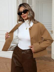 SHEIN Privé Minimalist Elegant Loose Fit Short Jacket With Large Pockets And Metal Decorative Buttons Fall Winter Cloth For Women