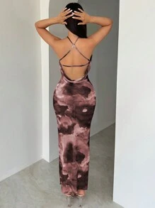 SHEIN SXY 女士透明扎染露背连衣裙节日性感夏季海滩度假波西米亚风女装 - 棕色 - 查看 2