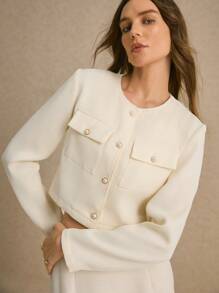 Poéselle Women's Pearl Button Jacket & Slit Long Skirt Elegant Suit Set