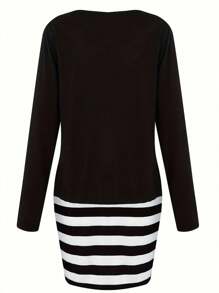 Striped Print Round Neck Long Sleeve Slim Fit Casual Dress For Women, Spring And Autumn - Black and White - View 2