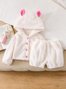 Baby Girls Cute Rabbit Ear Hooded Pullover And Ruffle Shorts 2pcs Set, Warm Winter Outfit - White - View 9