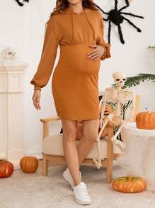 SHEIN 孕妇插肩袖抽绳南瓜色卫衣，秋冬季 - 鏽棕色 - 查看 3