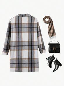 青少年女孩秋冬季长款格子外套 - 杏色 - 查看 2