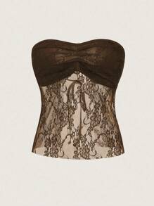 SHEIN Unity Débardeur transparent en dentelle à couleurs contrastées sexy pour femmes, pour l'été - Marron fonçé - Voir 1