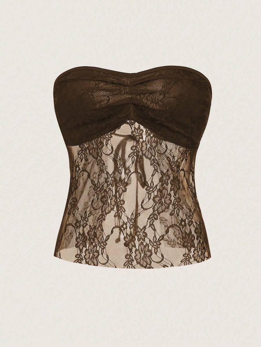 SHEIN Unity Débardeur transparent en dentelle à couleurs contrastées sexy pour femmes, pour l'été - Marron fonçé - Voir 1
