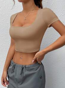 SHEIN EZwear 女士夏季方领短袖短款修身无缝卡其色 T 恤 - 卡其色 - 查看 6