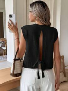 Serisse 女式露背系带花卉网眼针织毛衣背心 - 黑色 - 查看 5