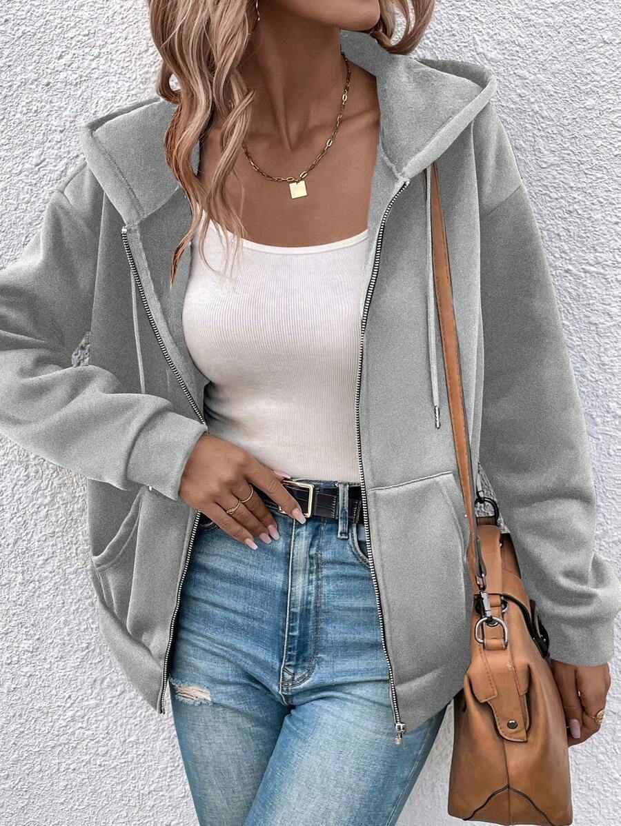 EMERY ROSE Women's Solid Color Zipper Front Long Sleeve Pocket Simple Hooded Casual Jacket - Light Grey - View 1