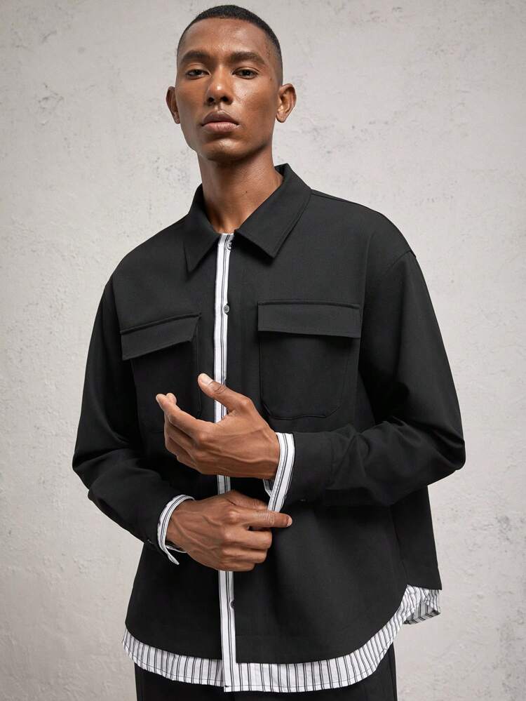 Men's Color Block Long Sleeve Loose Casual Shirt Jacket, Suitable For Autumn, For Fall Winter