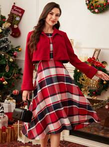 Vintamour 2 pièces Robe fourreau et ensemble veste en tweed pied-de-poule vintage élégant pour femme, tenue femme rouge de Thanksgiving, jupe longue deux pièces pour femme en automne, robe de Noël élégante pour femme, robe d'hiver pour femme, ensemble costume femme hiver