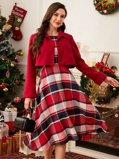 Vintamour 2pcs Vintage Elegant Women Christmas Party Houndstooth Tweed Bodycon Dress And Coat Suit, Red Thanksgiving Women Outfit Fall Clothes Long Women Skirts Two Pieces Fall Outfits Christmas Women Dress Elegant Women Dresses Winter Women Dress Women Suit Set Winter Women Sets