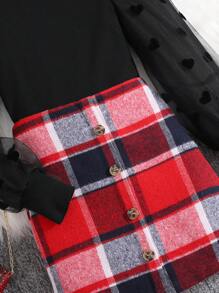 SHEIN Tween Girls Fashion Casual Knitted & Mesh Contrast Crew Neck Top With Plaid Mini Skirt Set