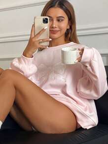 DAZY Women's Embroidered Crew Neck Fleece Sweatshirt Fall,Winter - Pink - View 3