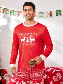 CoupledUp 圣诞元素印花套头长袖上衣和长裤男士睡衣套装，秋冬服装 - 紅色 - 查看 6