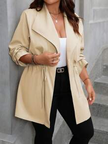 Franclia Plus Size Women's Solid Color Lapel Long Sleeve Drawstring Waist Casual Jacket, Spring And Autumn - Khaki - View 4