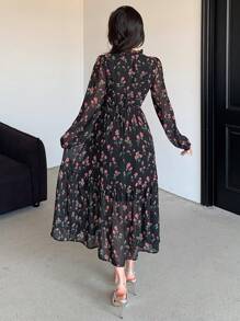 DAZY Vestido largo de manga larga con estampado floral completo de gasa para mujer, con volantes, ropa de otoño, ropa de vuelta al colegio, atuendos de vacaciones para mujer - Negro - Ver 2