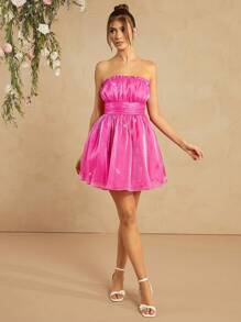 L'Amorae Vestido sin tirantes con busto fruncido - Rosa Fucsia - Ver 6
