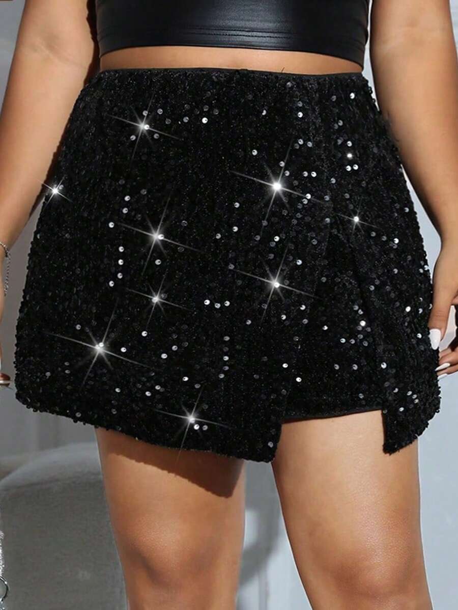 SHEIN EZwear 大码女式黑色亮片短裙,带衬里,侧拉链,休闲和派对装,秋冬 - 黑色 - 查看 1