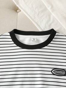 SHEIN Leap Crew 青少年女孩秋冬季休闲条纹保暖内衬超大码运动衫