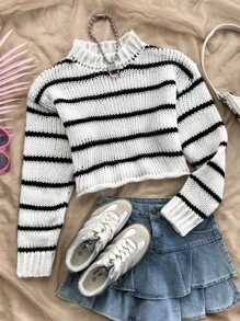 Soleia 休闲圆领拼色条纹长袖毛衣 - 黑與白 - 查看 3