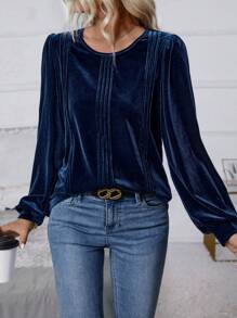 EMERY ROSE 女士休闲圆领长袖 T 恤 - 藍色 - 查看 3