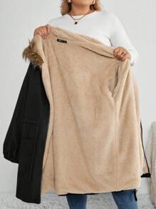 SHEIN CURVE+ Áo khoác có mũ trùm đầu thanh lịch cỡ lớn mùa đông mới mềm mại có đệm - màu đen - Xem 7