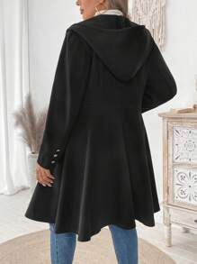 Flirla Plus Size Solid Color Button Front Long Sleeve Hooded Coat Top, Casual Daily Wear