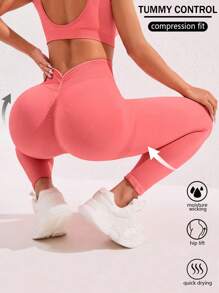 SHEIN Solid Color Waist Gathering Tight Pleated Sports Leggings, Casual Daily Wear