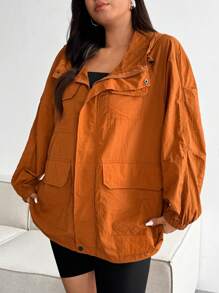 Flirla Plus Size Women's Solid Color Raglan Long Sleeve Hooded Jacket Fall Winter Cloth For Women Autumn - Orange - View 6