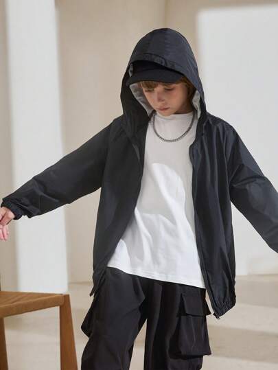 SHEIN 7月4日青少年男孩純色帽裝防曬編織外套