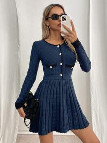 Calvaya Retro French Style Sweater Dress, Thick Polyester Fabric, Waist Design, Fitted Silhouette, Navy Blue, Suitable For Party, Outing And Street Wear, Autumn/Winter