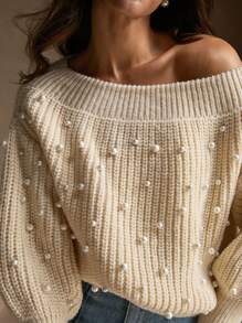 Anewsta Women's Elegant Handmade Beaded Shoulder Lantern Sleeve Sweater, Autumn/Winter