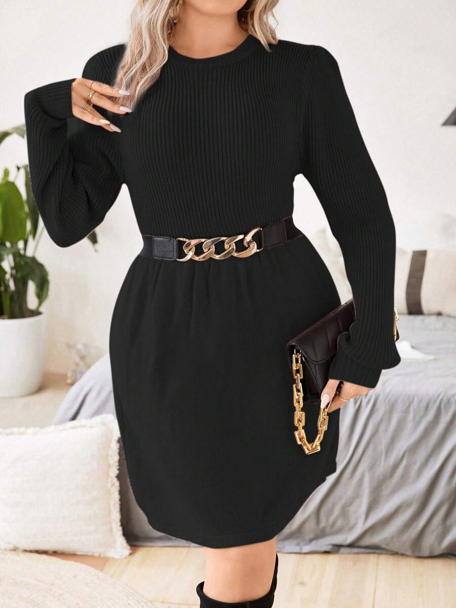 Celure Talla grande Vestido de punto unicolor tejido de canalé sin cinturón - Negro - Ver 1