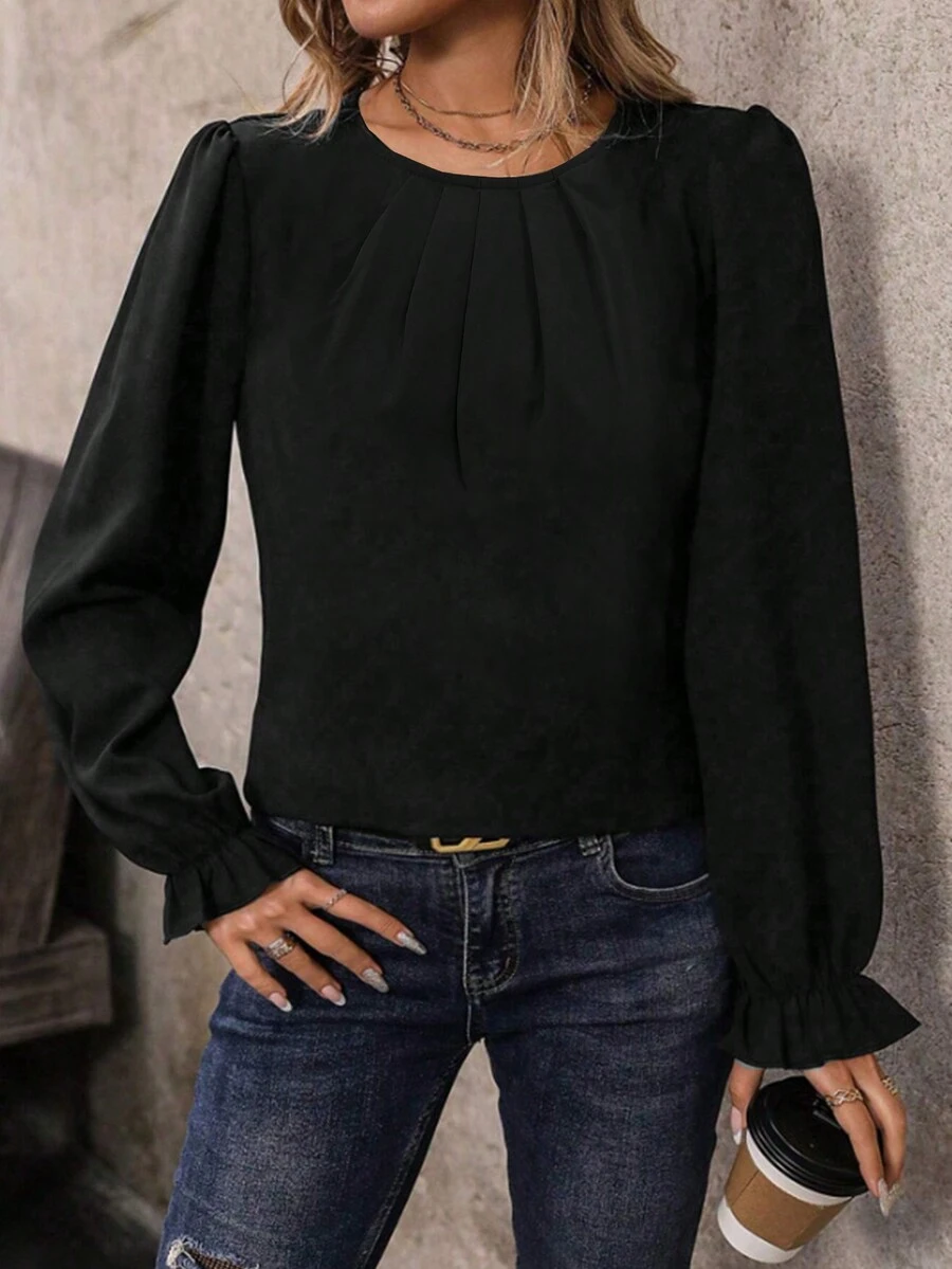 Ladies' Round Neck Pleated Design Flared Sleeves Solid Color Casual Commuting Top Suitable For Spring And Autumn - Black - View 1