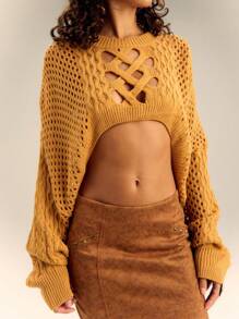 SHEIN Unity 纯色穿孔短款长袖毛衣，冬季 - 黃色 - 查看 6