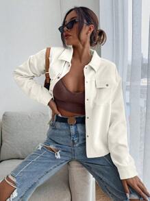 SHEIN EZwear Áo khoác nhung kẻ túi cài nút phía trước màu mơ - trắng - Xem 7