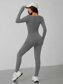 SHEIN PETITE Spring Scoop Neck  Long Sleeve Jumpsuit - Dark Grey - View 3