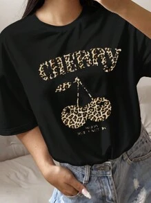 SHEIN EZwear Loose Fit Leopard Print & Cherry Graphic Crew Neck Short Sleeve T-Shirt For Women, Summer