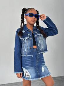 SHEIN Explorewe Tween Girls Long Sleeve Top And Denim Skirt 2-Piece Set - Medium Wash - View 3