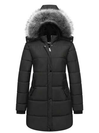 Plus Size Women Thick Jacket With Hood, Detachable, Heavily Lined, Mid-Length, Warm Winter Coat