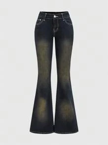 ROMWE J-Fashion Jeans de pierna acampanada con cintura súper baja y bordado retro de cruz y letras para mujer